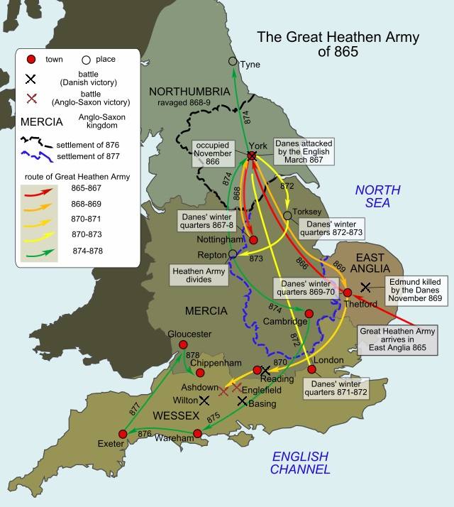 The Great Heathen Army, 'Micel Here' crossed to East Anglia first before moving on north to seize Aelle. The Bernician king was prosaically dealt with whilst Osberht of Deira was held hostage