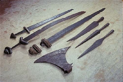 Weaponry unearthed - these swords, spear and axe heads were well crafted, lasting perhaps ten centuries in the soil