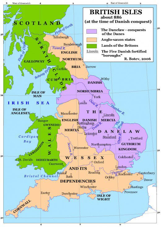 Following Guthrum's conversion and naming as Aethelstan - not to be confused with Aelfred's grandson - the land east and north of the old Roman road, Watling Street was parcelled out to the Danes. Guthrum had East Anglia, Halvdan Ragnarsson Yorvik