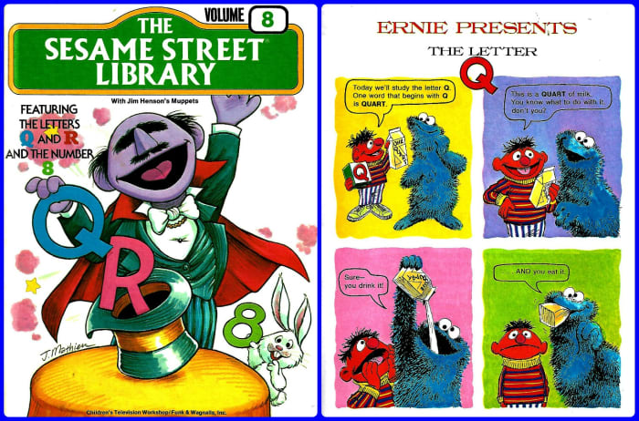 Ernie and Cookie Monster presents the letter Q, and much more about Q, R and the number 8 are in The Sesame Street Library, Volume 8, 1978