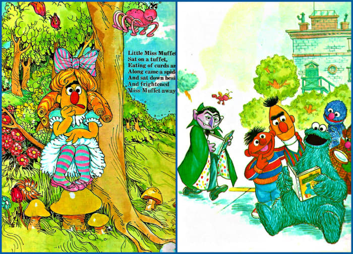 Little Miss Muffet sat on a tuffet, eating of curds and whey; along came a spider, and sat down beside her and frightened Miss Muffet away. And a great picture of Cookie Monster reading to his friends.