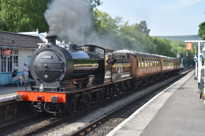 Class J27 (North Eastern Railway Class P3) 0-6-0 65894 starts from the Down Platform with a three-coach Gresley teak set on the 16.30 working to Pickering (strictly speaking 'Up from Grosmont) (Neal Woods)