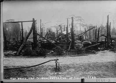 Suffragettes eventually resorted to more drastic measures, including arson. This is the Tea House Kew Garden, in England, burned by militant suffragettes.