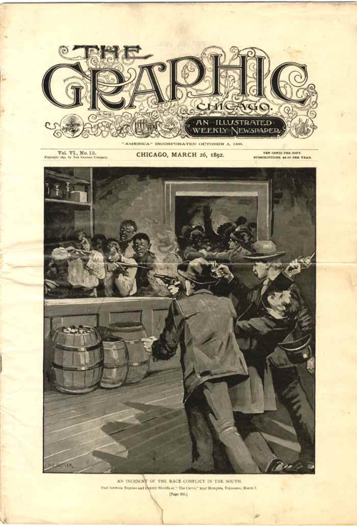 Cover of The Graphic Chicago, with an illustration of the lynch mob attack on the People's Grocery in Memphis, TN.