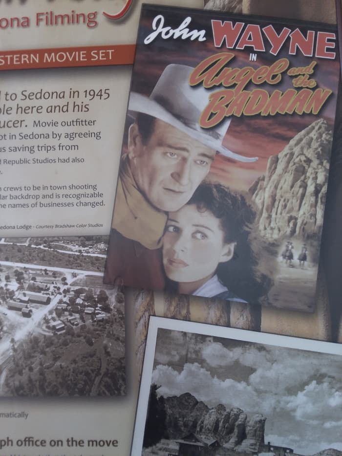 A photo display at the Sedona Heritage History Museum featuring a very young John Wayne and Gail Russell in Angel and the Badman