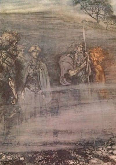 Thor, Freyr, Frigg, Odin, and Loki became old due to the loss of Freyja and her apples as depicted in an illustration by Arthur