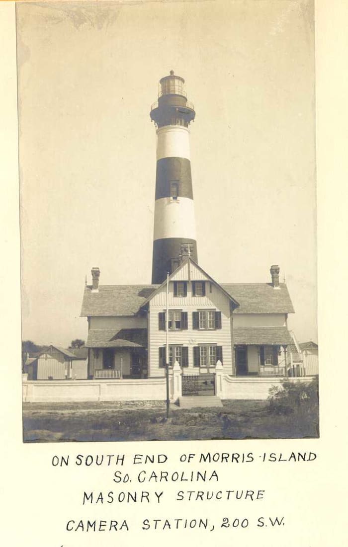 What the Lighthouse looked like in 1914 before erosion. Many families were raised , lived , died and were buried at the Morris Island Lighthouse.