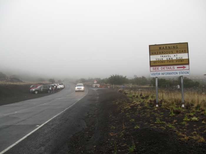 Warning of slippery and possibly icy road (in August) going up summit of Mauna Kea