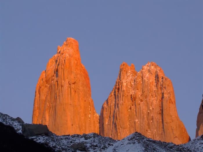 One of the major tourist attractions in Chile: Torres del Paine. Here a sight of the Torres at sunrise in winter.