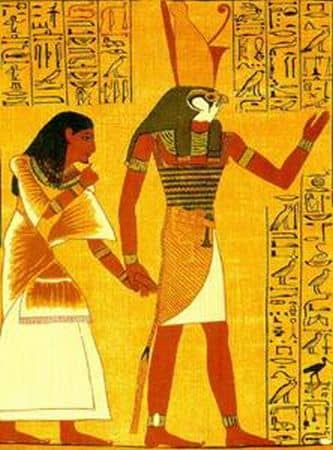 An image from the Book of the Dead shows Horus leading the soul of a dead person to judgment by Osiris.