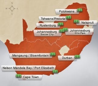 The provinces throughout South Africa where the stadiums for the World Cup will be held fro June 11 to July 11
