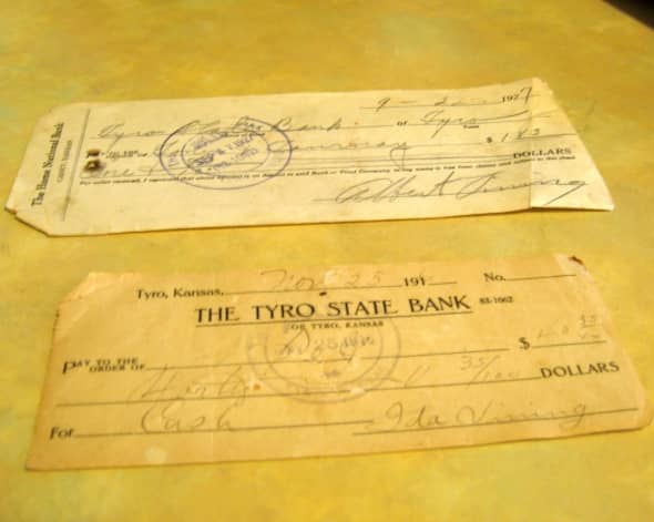 These are checks from the Tyro State Bank (Albert Vining and Ida Vining are my grandmother's siblings).