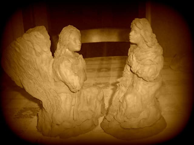 How the finished statue would appear. The lady is sitting down while the angel is kneeling so the Virgin is slightly taller.