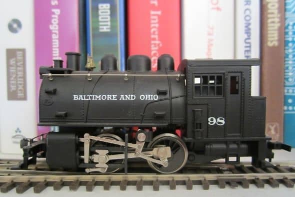 This train is hanging out on a bookshelf . . . for now.