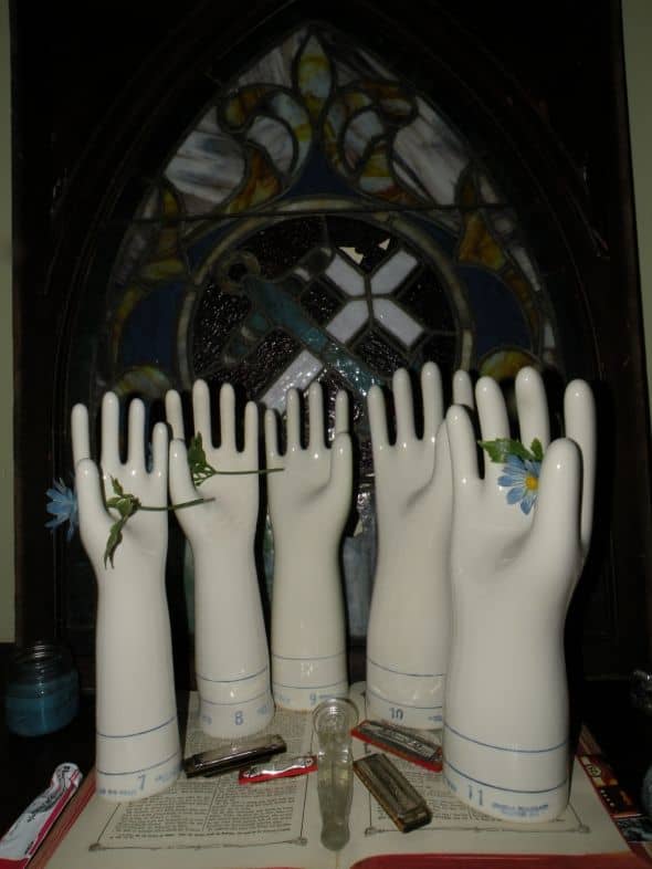 A variety of glove molds in various sizes. A “7” would be small to medium hand whereas a “9” large to extra large. Jumbo ones were used to make electrical gloves and large rubbers. A variety of sizes of glove molds.