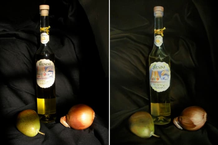My original oil painting, "Still Life with Olive Oil Bottle" (right) and the original photographic reference I used to complete it (left).