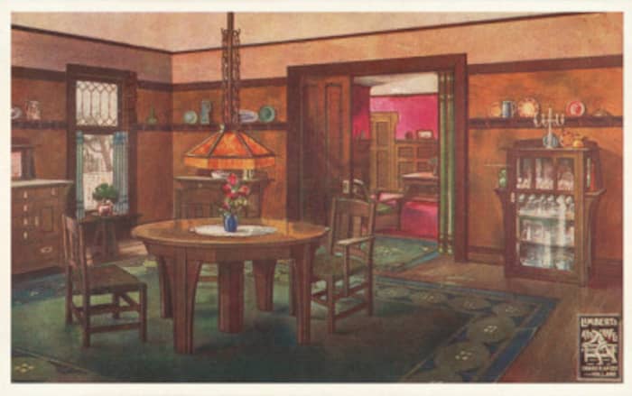 A rendering of an interior from a Craftsman style home. Note the high wood railings, slat-back chairs, mica chandelier, area rugs, and earthtone colors. This picture is available in a variety of sizes and formats at