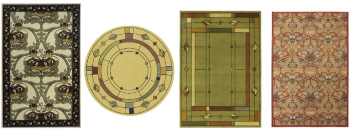 A selection of Arts & Crafts style area rugs. Left to right: Momeni Nouveau Ivory Floral, Shaw Timber Creek Rug by Phillip Crowe, Shaw Phillip Crowe Timber Creek Mission Leaf Rug, American Craftsman Style Madison Area Rug. From