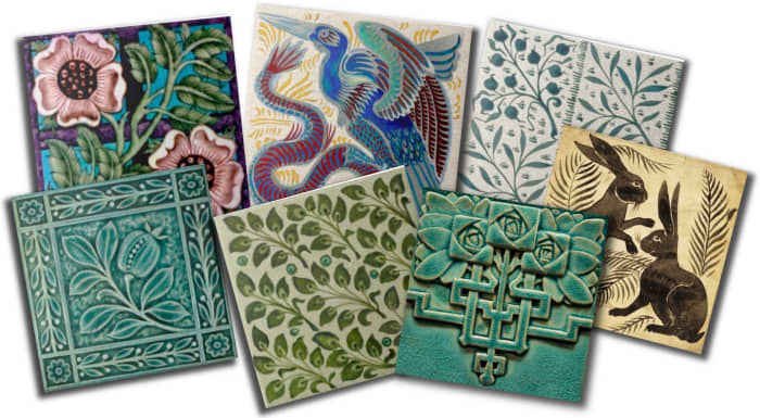 A selection of reproduction Arts & Crafts pottery tiles including designs by William Morris, William De Morgan, and others. All are reproductions from original antique tiles in a personal collection.
