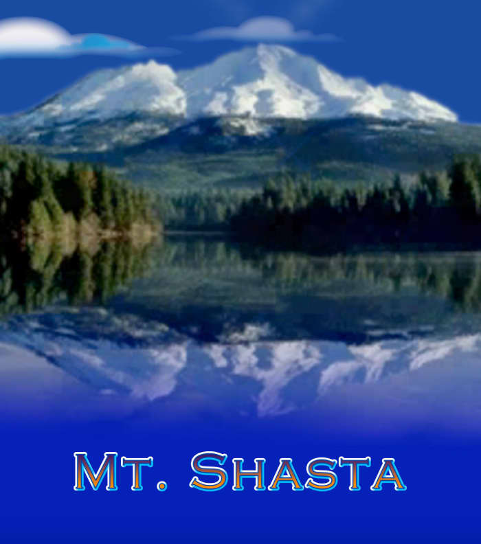 A manipulated photo of Mt. Shasta, a city named Telos is said to be beneath the mountain and his home to the Lemurians. Often described as a spiritual place on Earth.