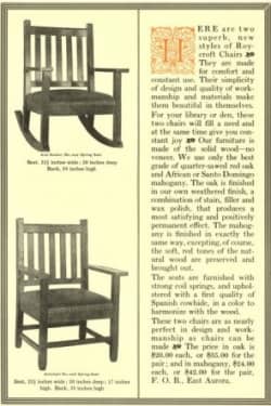 An advertisement for wood chairs with Spanish leather seats made by the Roycrofters. The price is listed as $20.00 each or $35.00 for the pair in oak. Mahogany cost $24.00 each and $42.00 for the pair.