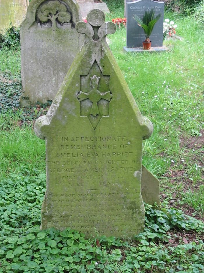 Amelia Eva Harriet Sapwell died 5 Oct 1876 aged 16 years buried in St. Andrews Church, Great Linford, Milton Keynes, Buckinghamshire, England