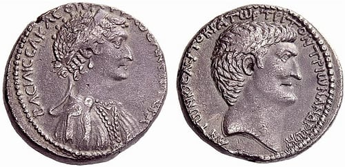 Roman Provincial Silver Tetradrachm of Marc Antony and Cleopatra VII" by Ancient Art (Cleopatra on the left, Marc Antony on the Right)