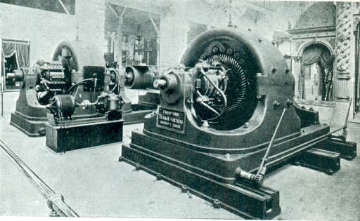 Tesla's Polyphase Alternating Current 500 horse power generator, in Westinghouse exhibit in the Electricity building of the 1893 World Columbian Exposition in Chicago.