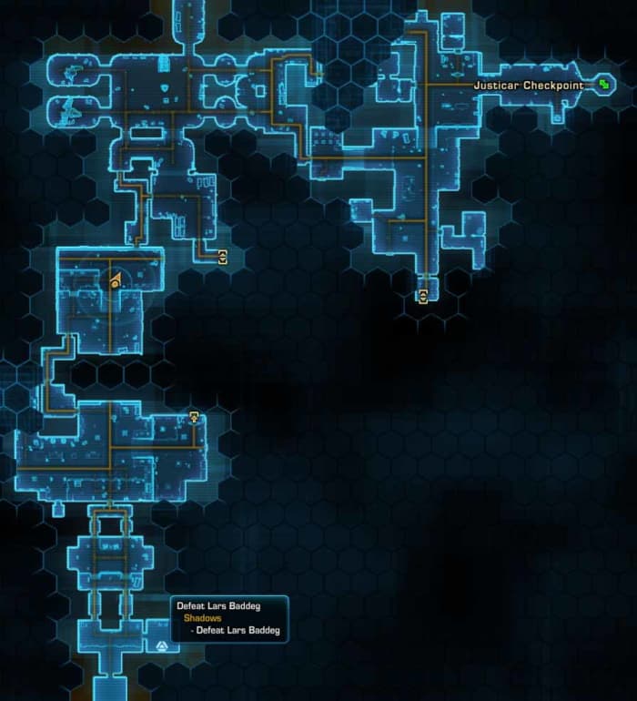 SWTOR Find Lars Baddeg - head west from Justicar Checkpoint and then south following the map until the jedi consular finds Lars Baddeg