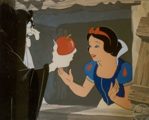 Snow White's evil step-mother is disguised as an old lady and hands her a poisoned apple to eat.