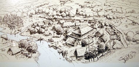 A fortified manor house enclosure or garth somewhere in Wessex. The river acts as a 'wall', and the moat reinforces the message put across by the timber tockade