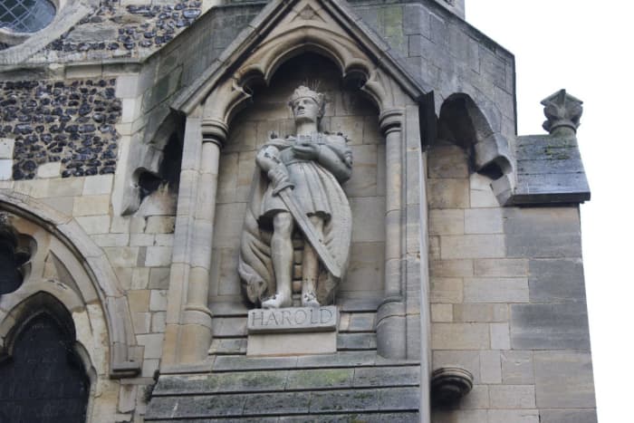 Contemporary statue to Harold at Waltham Church, to the right of the main door, south west corner