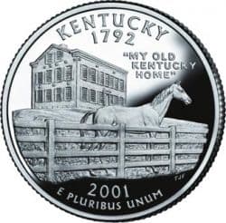 The coin shows a thoroughbred racehorse, the state horse, at the historic Federal Hill mansion in Bardstown, KY.
