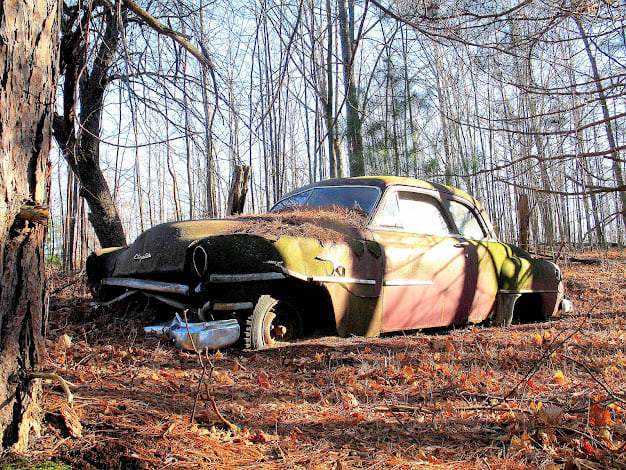1951 Chrysler Windsor These colors caught and held my attention as I explored among the carcasses of junk cars. This old Chrysler is my favorite car in this open air museum of man's most beneficial and controversial invention.