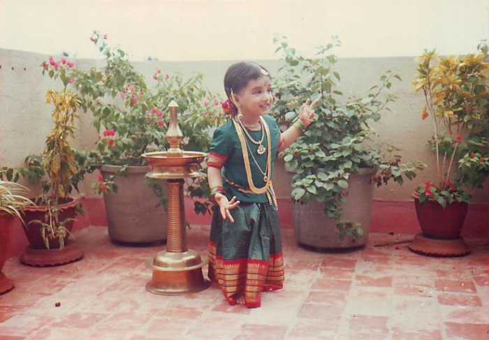 This is me as a three years old child wearing Indian silk dress and temple jewelry including the pair of earrings, coin chain, necklace, waist belt, hip chain and bangles