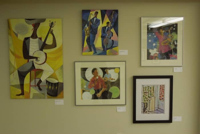 This wall was mostly devoted to a music theme. On the Left, "Calypso" by Andre (Igor) Rostowski, who also did "Rhythm and Blues" at top center, both in acrylic. Sally Tippman did "Club Date" (center bottom) and "Sound Machine" (top right).
