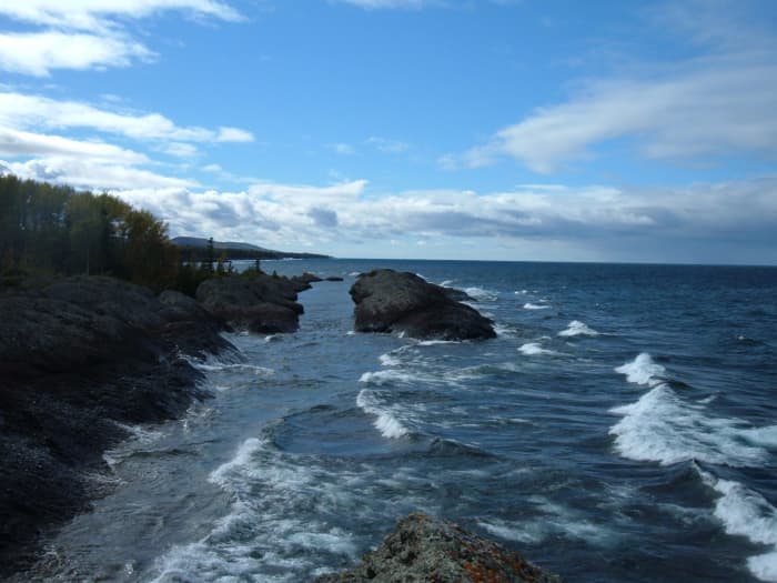 A wide break and then the rock continues along the Lake Superior shoreline of Michigan's Keweenaw Peninsula.