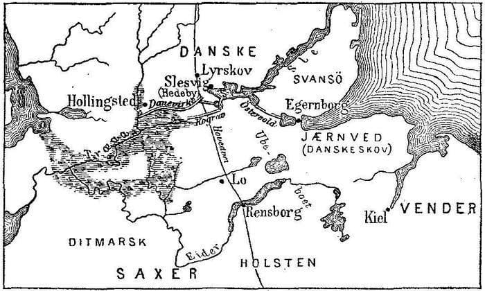 Danevirke map: the old boundary of Denmark before the Prussians and Austrians invaded in 1864 in a short-lived war of Danish succession.