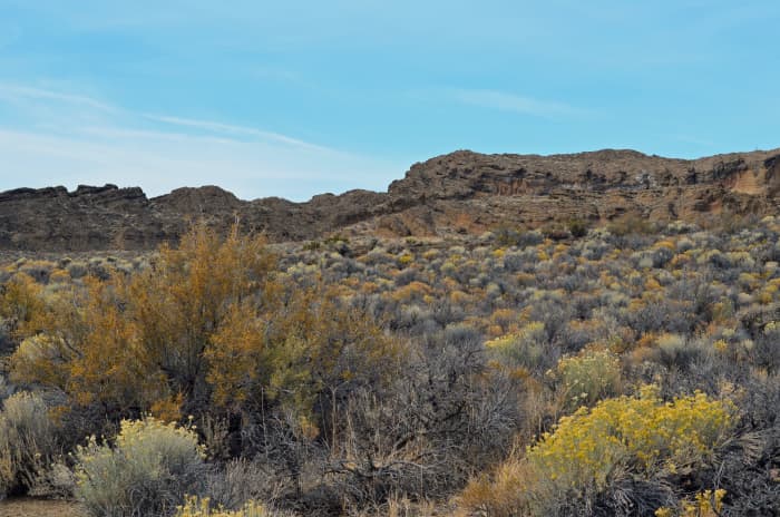 Looking up towards the top of the volcanic rock formations from the trails.