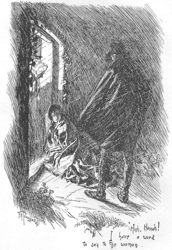 Sketch from Jane Eyre. St. John Rivers finds Jane collapsed on the doorstep of his house on the Moors.