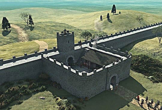 Milecastle reconstruction shows the double gateway construction to hinder attacks from the north (far side)