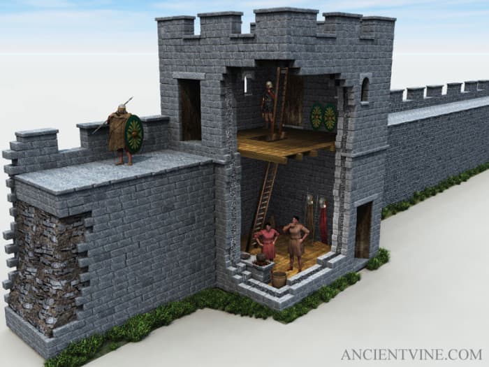 Cutaway section of a wall tower showing storage and access to the timber first floor deck and stone-faced wall walkway