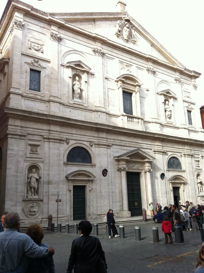 The facade of the church San Luigi dei Francesi by architects Giacomo della Porta and Carlo Fontana 1550-1580. Below are the statues of Charlemagna and St Louis, above are ther statues of St. Clotilde and St Jeanne de Valois