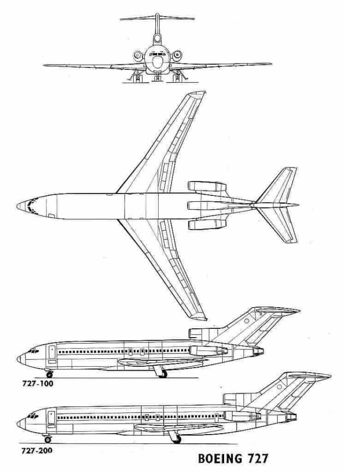 (Note: A depiction comparing the two base variant models (-100 and -200) in the Boeing 727 aircraft. The 200 model had the fuselage extended by 20 feet in length.)