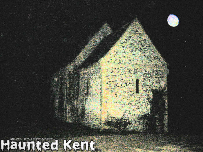 Dowde church (the white orb is not the moon but often appear in photos of a supernatural nature and is thought to be a floating spirit.)