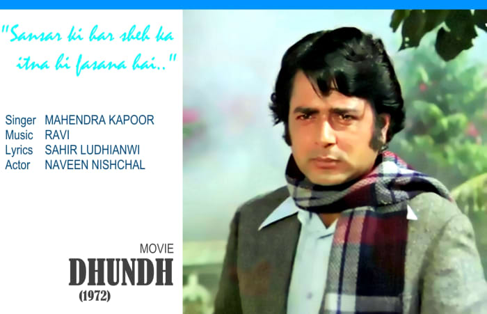 Naveen Nishchal in the song, "Sansar ki har shay ka itna hi fasana hai..", a great number composed in Raag Bhupali and sung by Mahendra Kapoor, for the suspense thriller movie, 'DHUNDH' (1972),