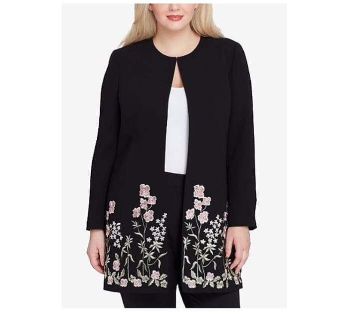 Topper jacket with elongated hem and floral embroidery at front