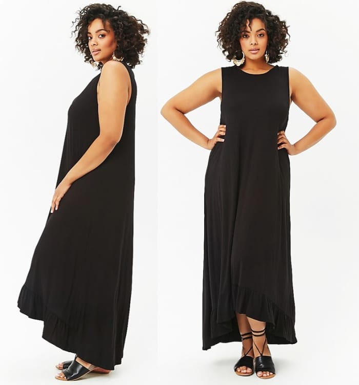 Knit sleeveless maxi dress with a scoop neckline and high-low flounce hem