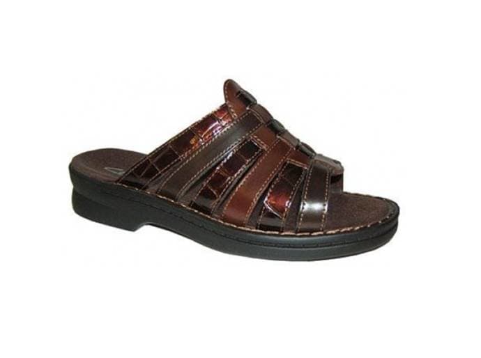 Leather multi-strap slide sandal with fully padded contoured foot bed