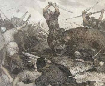 Hrolf Kraki's last battle - against half-sister Skuld and her sorcery. Bodvar Bjarki is beside the king in his bear shape, until wakened by Hjalti. Then Skuld's power strengthens